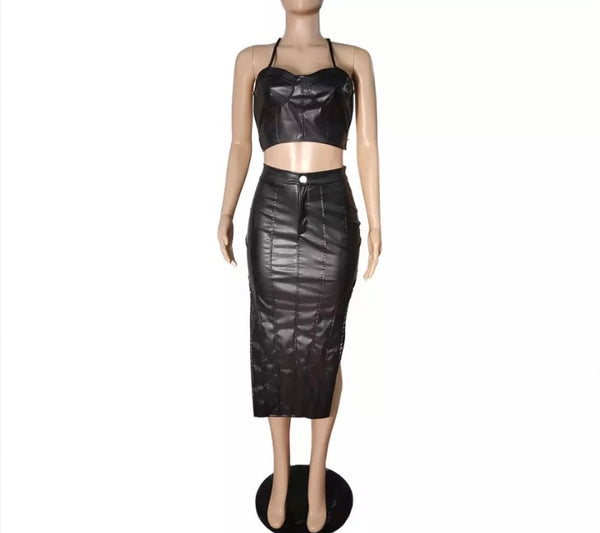 Women Sexy Black Backless Chain Two Piece PU Skirt Set