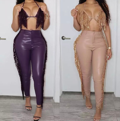 Women PU Sexy Sequins Tassel Two Piece Halter Pant Set