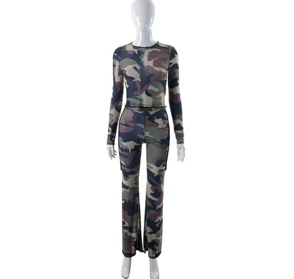 Women Fashion Army Mesh Two Piece Pant Set