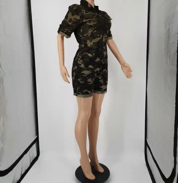 Women Fashion Button Up Short Sleeve Camouflage Romper