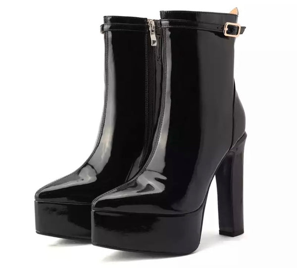 Women Patent Leather Fashion Platform Ankle Strap Boots