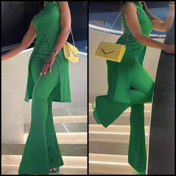 Women Sleeveless Green Fashion Two Piece Wide Leg Pant Set