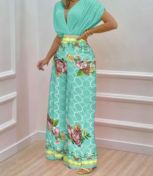 Women Short Sleeve Two Piece Printed Wide Leg Pant Set