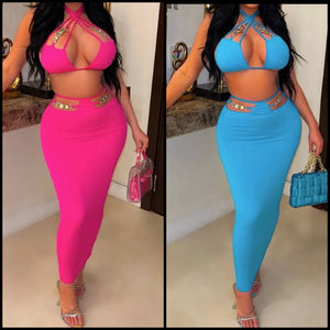 Women Halter Sleeveless Sexy Two Piece Maxi Skirt Set