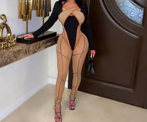 Women Sexy Color Patchwork Fashion Full Sleeve Mesh Jumpsuit