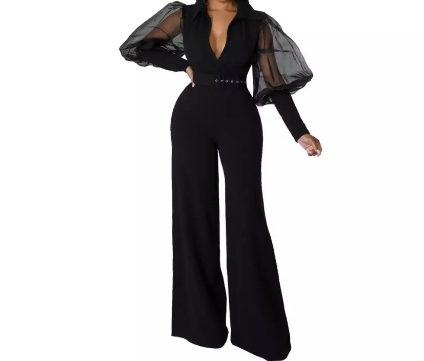 Women Solid Color Belted Mesh Full Sleeve Wide Leg Jumpsuit