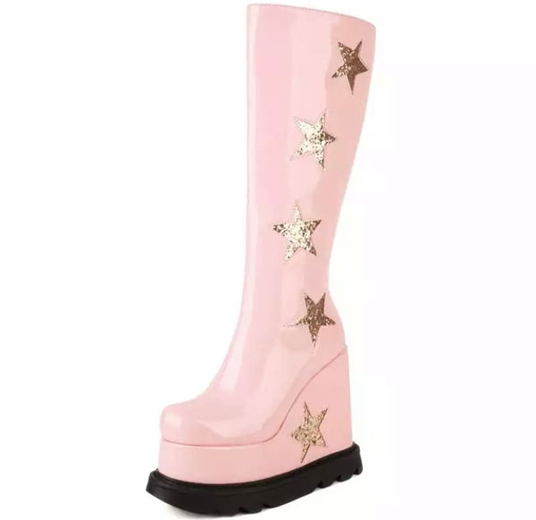 Women Patent Leather Star Thick Platform Knee-High Boots