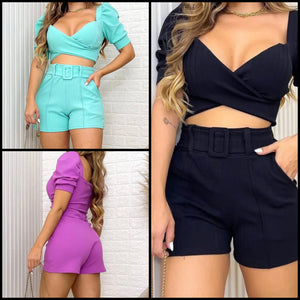 Women Sexy Solid Color Short Sleeve Crop Two Piece Short Set