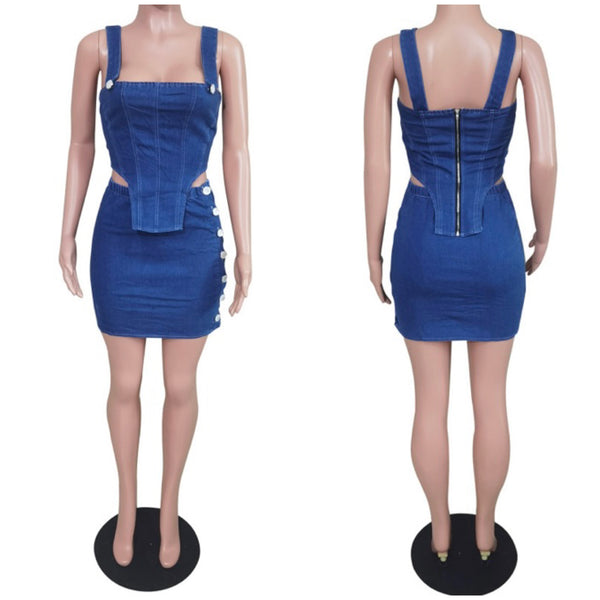 Women Fashion Button Sleeveless Denim Two Piece Skirt Set