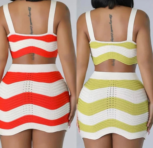 Women Sleeveless Color Patchwork Striped Sexy Two Piece Skirt Set