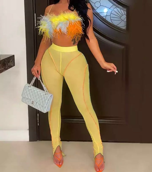 Women Sexy Sleeveless Multicolored Feather Crop Two Piece Mesh Pant Set