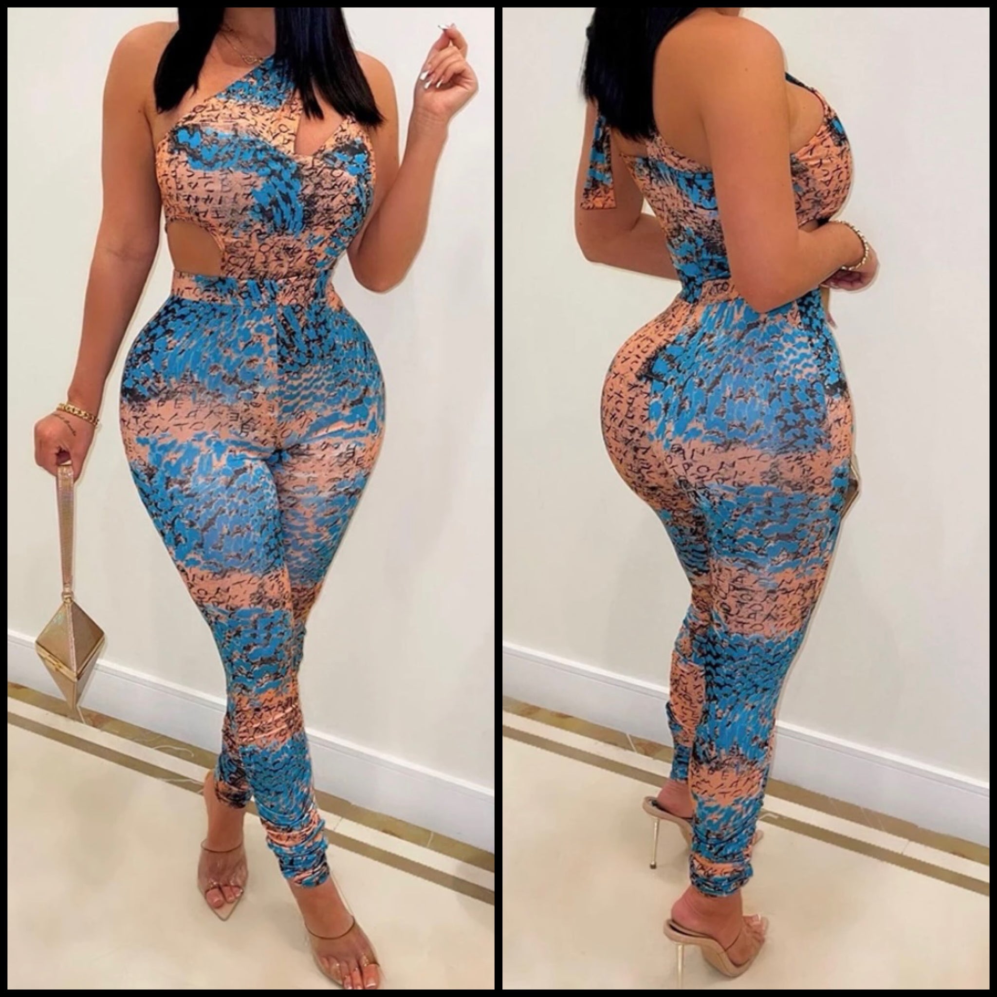 Women Sexy Printed One Shoulder Sleeveless Jumpsuit