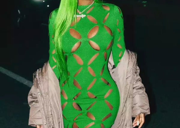 Women Sexy Green Hollow Out Long Sleeve Dress