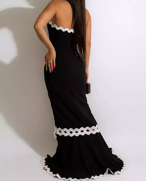 Women Sexy Black/White Strapless Maxi Dress