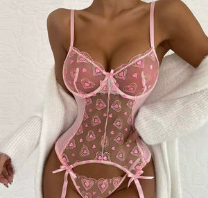 Women Heart Mesh Sexy Pink Lingerie Set