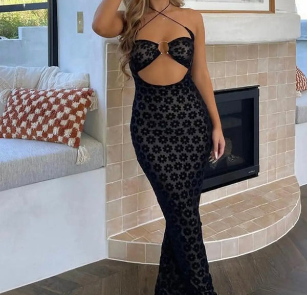 Women Sexy Sleeveless Cut Out Mesh Floral Maxi Dress