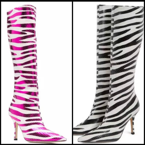 Women Fashion Zebra Print Back Zipper Knee High Boots