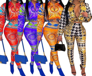 Women Fashion Multicolored Print Two Piece Crop Jacket Pant Set