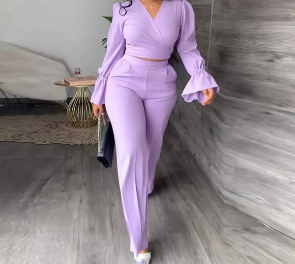 Women Solid Color Full Sleeve Crop Two Piece Pant Set