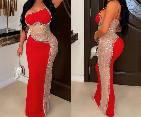 Women Sexy Sleeveless One Shoulder Bling Mesh Patchwork Maxi Dress