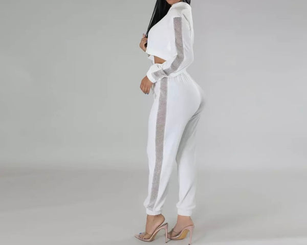 Women Sexy Velour Side Sequins Patchwork Two Piece Pant Set