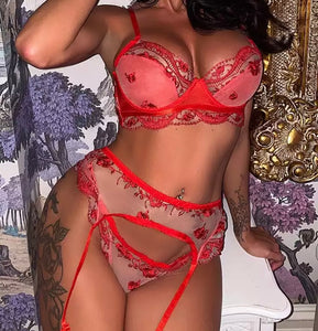 Women Sexy Red Floral Mesh Three Piece Lingerie Set