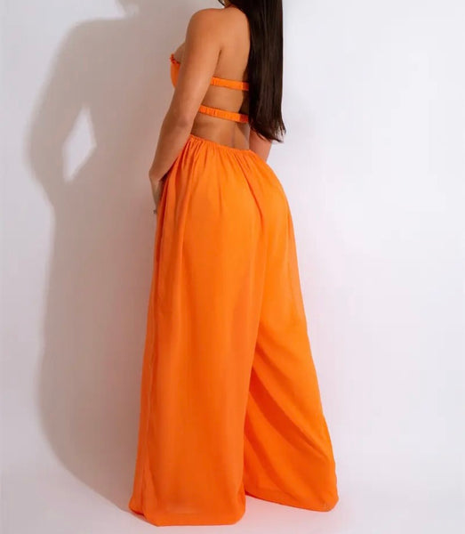 Women Sexy Sleeveless Halter Cut Out Wide Leg Jumpsuit