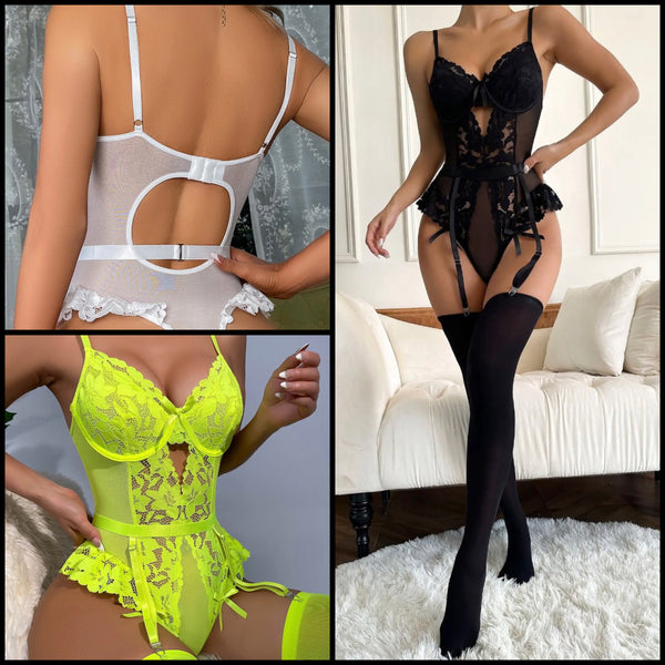 Women Sexy Mesh Lace Ruffled Bodysuit Lingerie