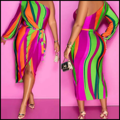 Women Multicolored Sexy One Shoulder Belted Dress