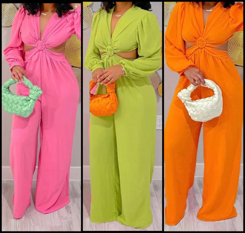 Women Sexy Solid Color Open Back Full Sleeve Wide Leg Jumpsuit