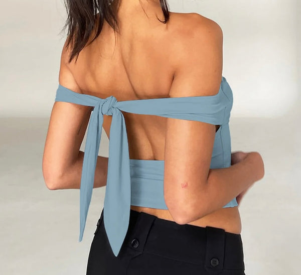 Women Sexy Off The Shoulder Tie Up Open Back Crop Top