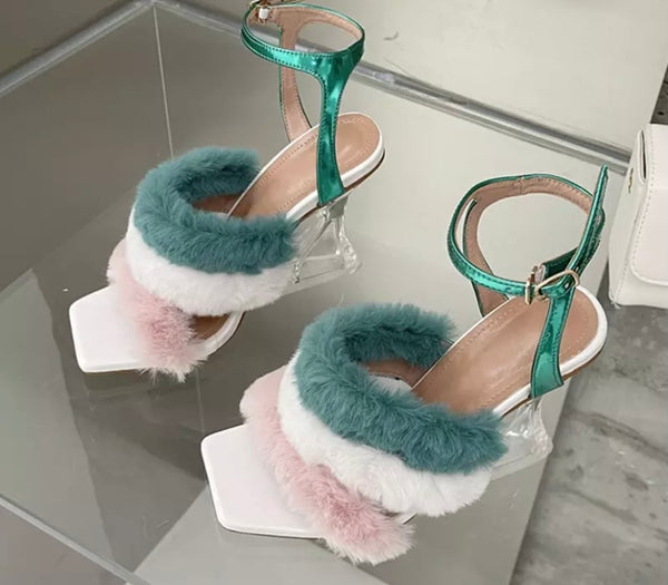 Women Fashion Colorful Faux Fur Clear Heel Sandals