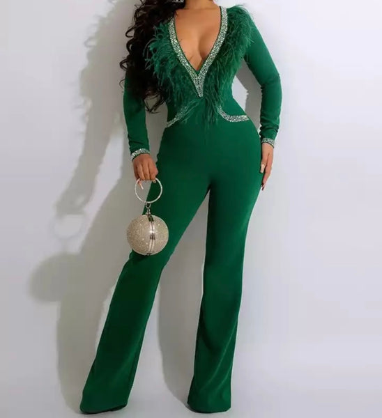 Women Sexy V-Neck Bling Feather Full Sleeve Jumpsuit