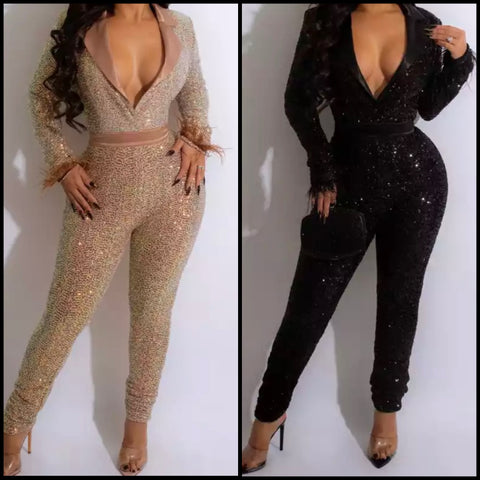 Women Sexy Sequins Satin Patchwork V-Neck Full Sleeve Jumpsuit