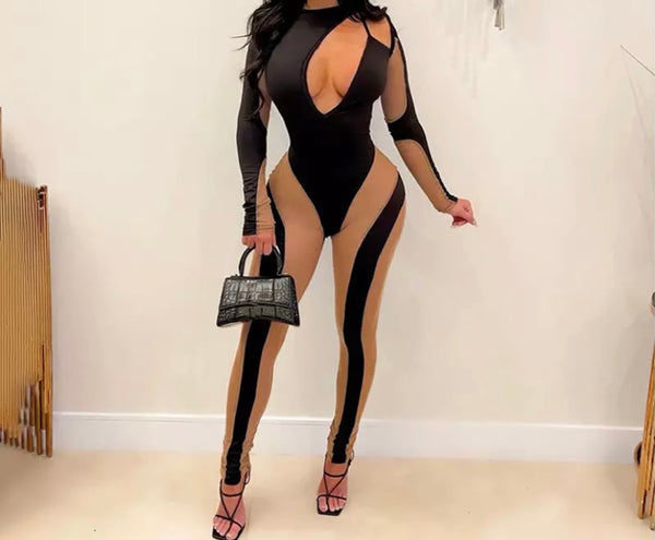 Women Sexy Cut Out Mesh Patchwork Full Sleeve Jumpsuit