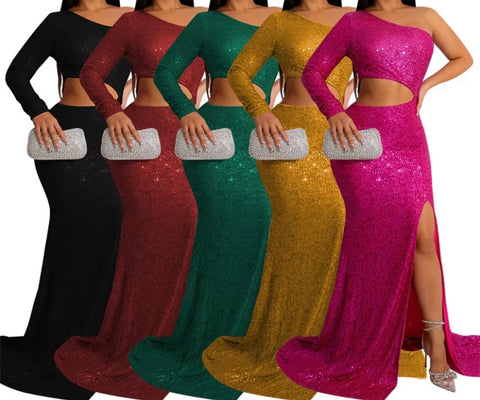 Women Sexy Sequins One Shoulder Cut Out Maxi Dress