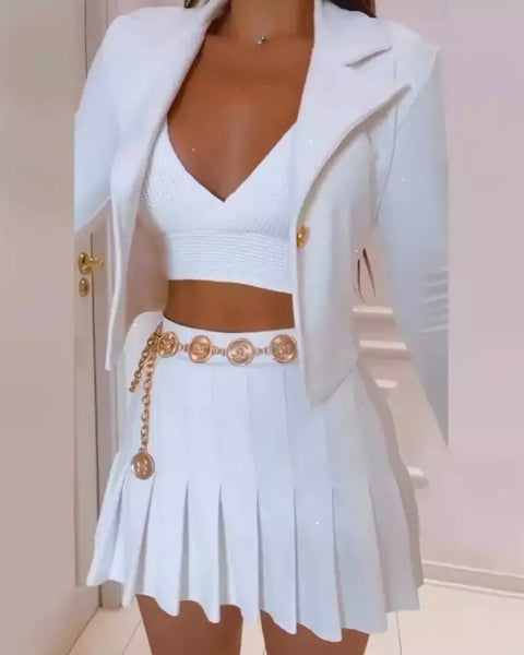 Women Two Piece Blazer Pleated Skirt Set