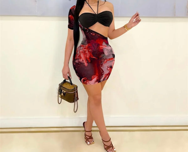 Women Sexy Halter One Shoulder Printed Two Piece Dress