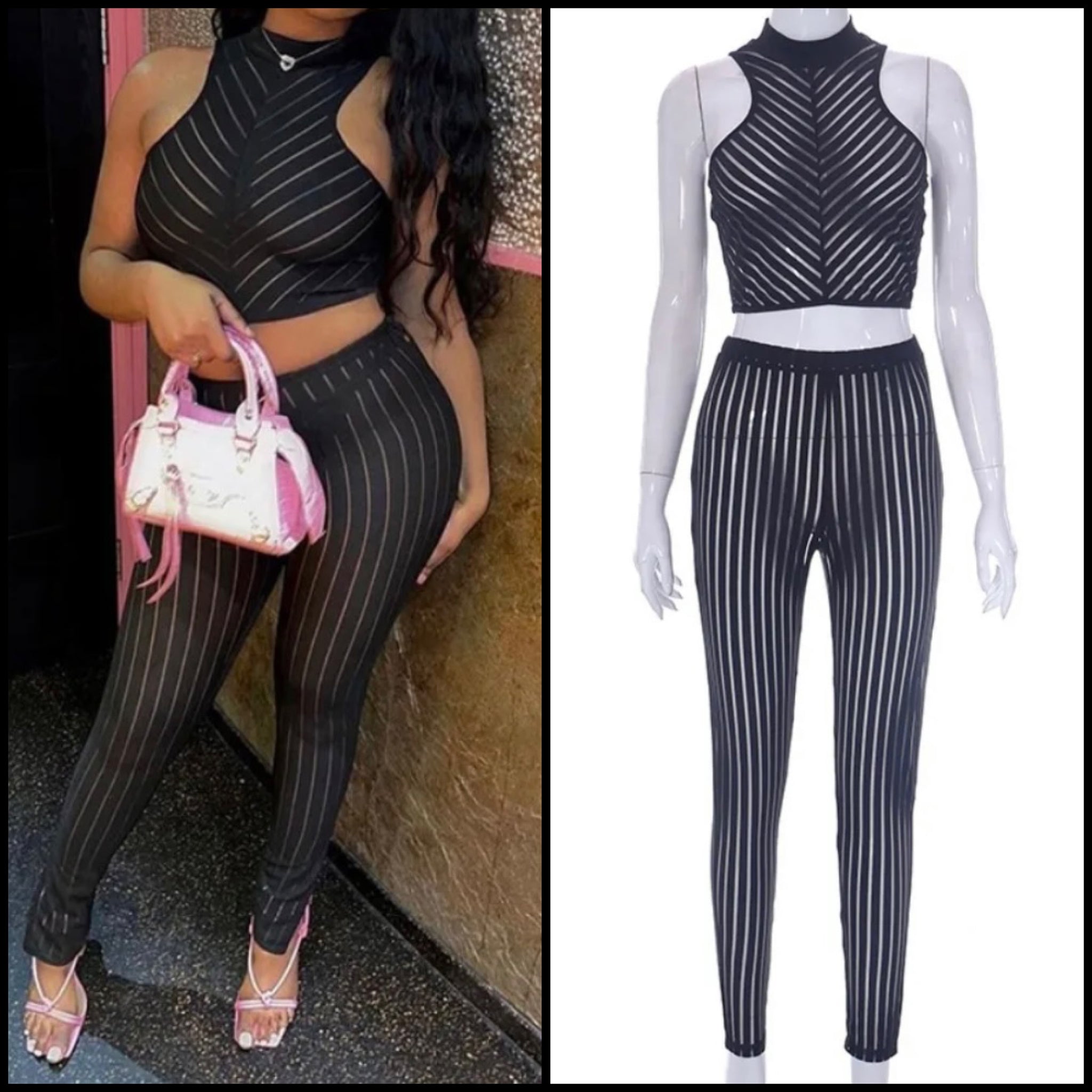 Women Sleeveless Black Mesh Patchwork Two Piece Sexy Pant Set