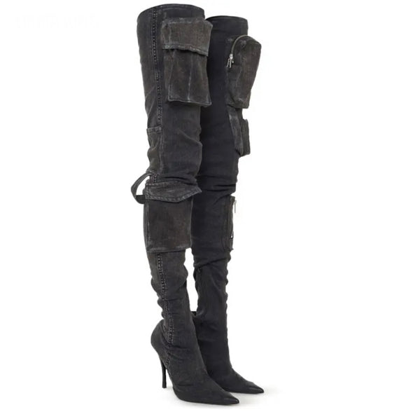 Women Pocket Over The Knee Denim Fashion Boots