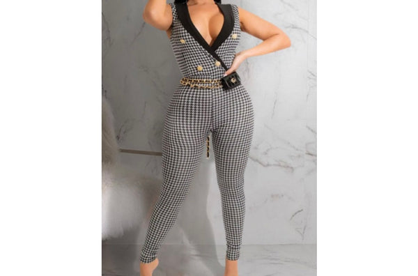 Women Printed Button Sleeveless Sexy Jumpsuit