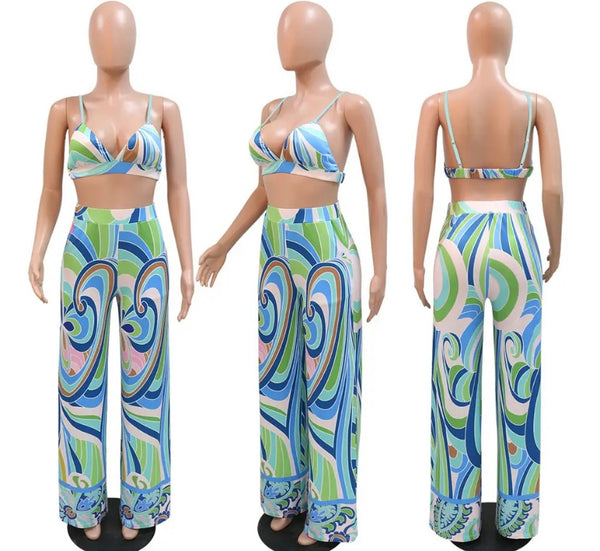 Women Printed Sexy Three Piece Wide Leg Pant Set