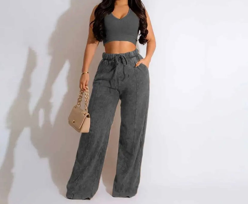 Women Sleeveless Crop Fashion Two Piece Drawstring Pant Set