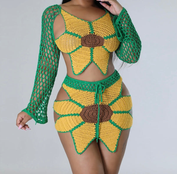 Women Sexy Sunflower Knitted Full Sleeve Two Piece Skirt Set