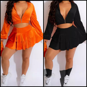 Women Fashion Hooded Velour Two Piece Ruffled Skirt Set