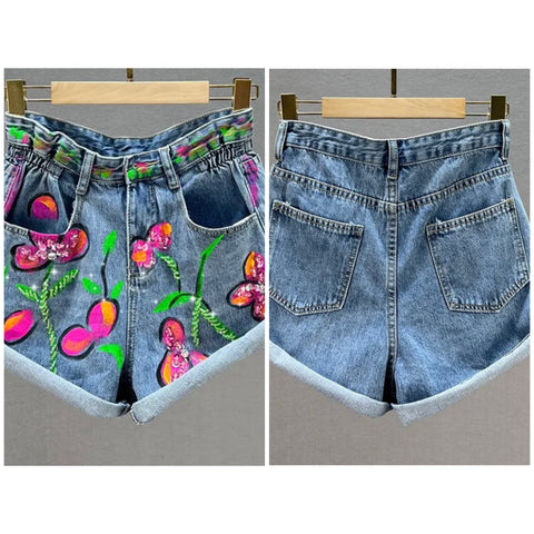 Women Colorful Sequins Print Fashion Denim Shorts
