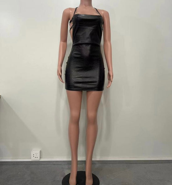 Women Black PU Sleeveless Sexy Dress