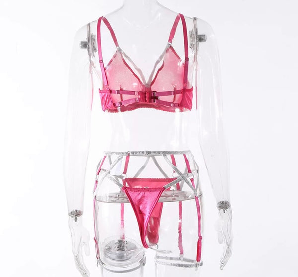 Women Sexy Pink & Silver Lingerie Set