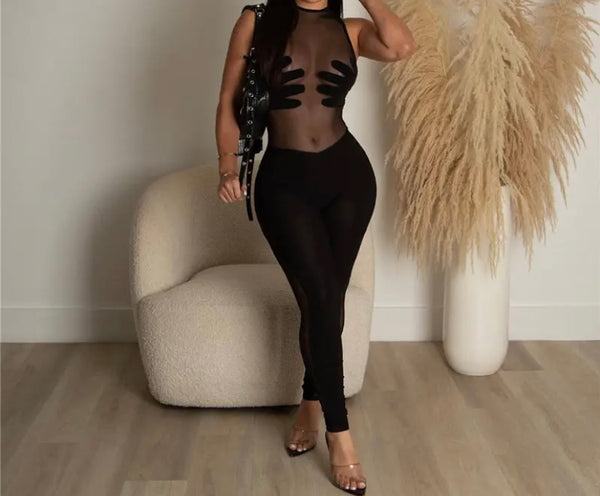 Women Sexy Sleeveless Hand Print Mesh Patchwork Jumpsuit