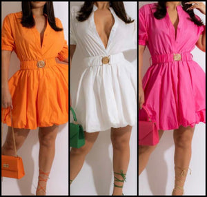 Women Solid Color Belted Short Sleeve Dress